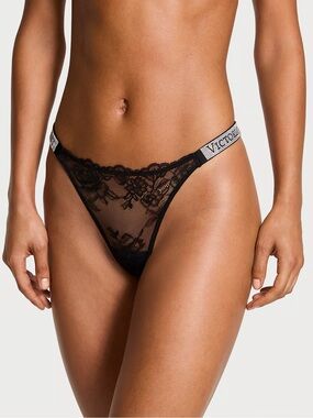 Victoria's Secret Black Lace Thong with Logo Trim